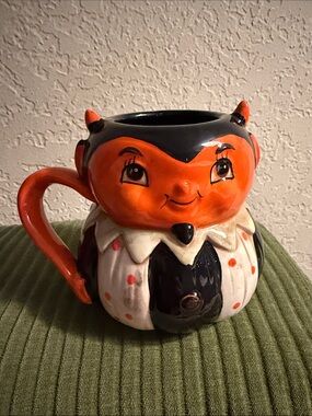Ceramic devil Mug with Glossy Orange Handle and Black Top